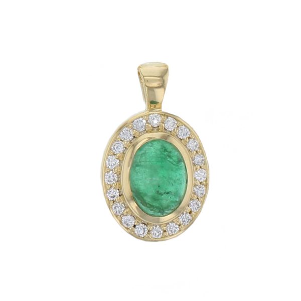 18ct yellow gold ladies oval cut emerald & diamond designer cluster pendant designed & hand crafted by Faller of Derry/ Londonderry, halo pendant, precious green gem jewellery, jewelry,