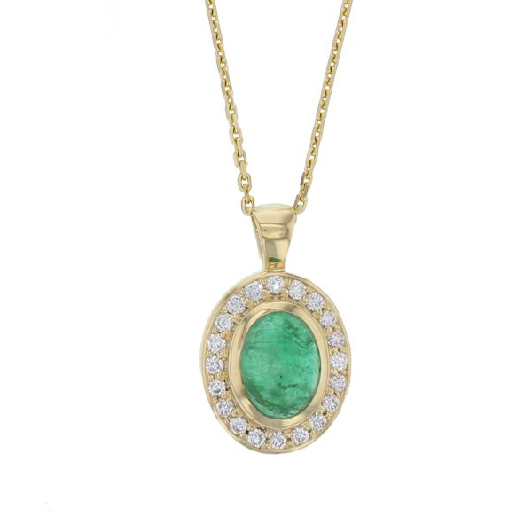 18ct yellow gold ladies oval cut emerald & diamond designer cluster pendant designed & hand crafted by Faller of Derry/ Londonderry, halo pendant, precious green gem jewellery, jewelry,