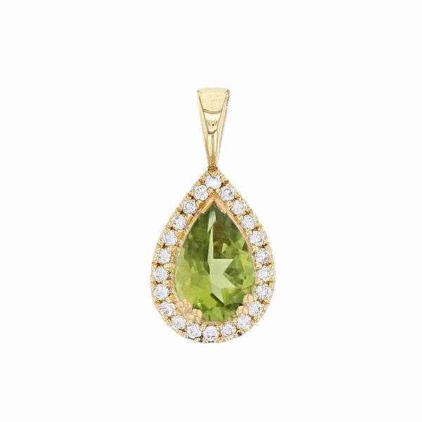 Faller pear cut peridot gemstone & diamond halo 18ct yellow gold ladies pendant with chain, 18kt, designer, handmade by Faller, Derry/ Londonderry, hand crafted, precious jewellery, jewelry