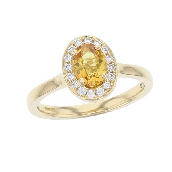 alternative engagement ring, 18ct yellow gold & platinum ladies oval cut yellow sapphire & diamond designer cluster engagement ring designed & hand crafted by Faller of Derry/ Londonderry, halo dress ring, precious gem jewellery, jewelry
