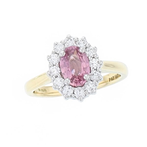 alternative engagement ring, 18ct yellow gold & platinum ladies oval cut orangy pink sapphire & diamond designer cluster engagement ring designed & hand crafted by Faller of Derry/ Londonderry, halo dress ring, precious gem jewellery, jewelry