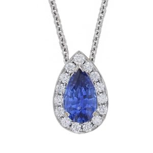 18ct white gold ladies pear cut sapphire & diamond designer cluster pendant designed & hand crafted by Faller of Derry/ Londonderry, halo pendant, precious blue gem jewellery, jewelry,