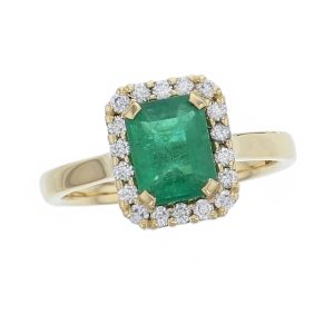 alternative engagement ring, 18ct yellow gold ladies octagon cut emerald & diamond designer halo engagement ring designed & hand crafted by Faller of Derry/ Londonderry, halo dress ring, precious green gem jewellery, art deco style jewelry