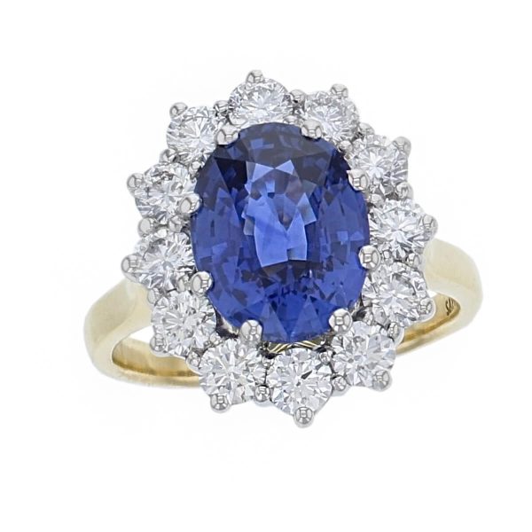18ct yellow gold & platinum ladies oval cut royal blue sapphire & diamond designer cluster engagement ring designed & hand crafted by Faller of Derry/ Londonderry, halo dress ring, precious gem jewellery, jewelry