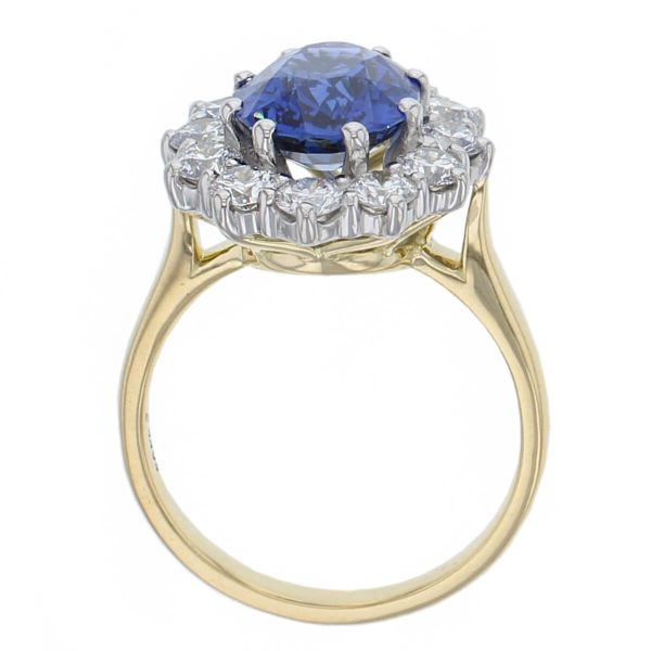 18ct yellow gold & platinum ladies oval cut royal blue sapphire & diamond designer cluster engagement ring designed & hand crafted by Faller of Derry/ Londonderry, halo dress ring, precious gem jewellery, jewelry