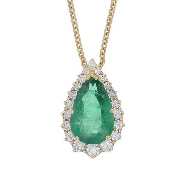 18ct yellow gold ladies pear cut emerald & diamond designer cluster pendant designed & hand crafted by Faller of Derry/ Londonderry, halo pendant, precious green gem jewellery, jewelry,