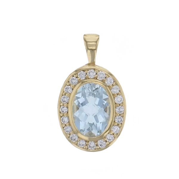 18ct yellow gold ladies oval cut aquamarine & diamond designer cluster pendant designed & hand crafted by Faller of Derry/ Londonderry, halo pendant, precious blue gem jewellery, jewelry,