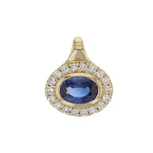 Faller oval cut sapphire gemstone & diamond halo 18ct yellow gold ladies pendant with chain, 18kt, designer, handmade by Faller, Derry/ Londonderry, hand crafted, precious sapphire gem jewellery, jewelry