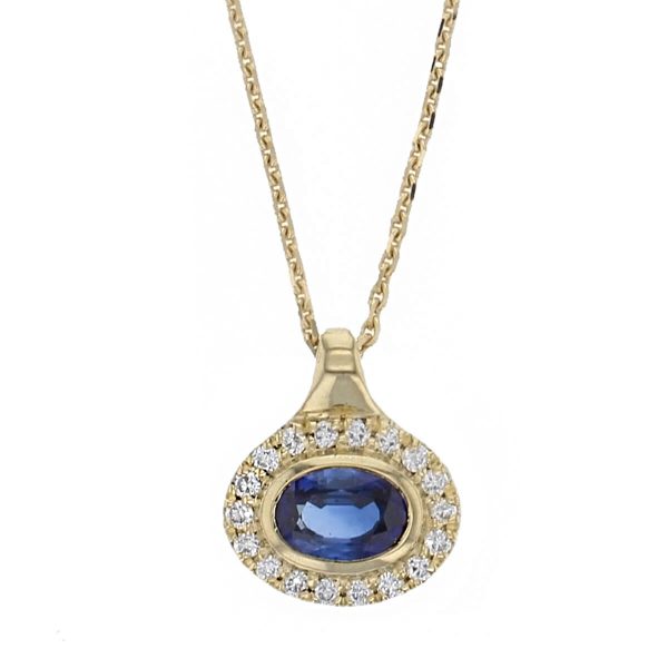 Faller oval cut sapphire gemstone & diamond halo 18ct yellow gold ladies pendant with chain, 18kt, designer, handmade by Faller, Derry/ Londonderry, hand crafted, precious sapphire gem jewellery, jewelry