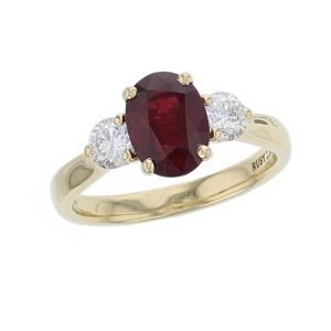alternative engagement ring, 18ct yellow gold oval cut diamond & ruby trilogy ring designer three stone dress ring handmade by Faller, hand crafted, precious jewellery, jewelry, ladies , woman