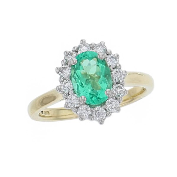 alternative engagement ring, 18ct yellow gold & platinum ladies oval cut green emerald & diamond designer cluster engagement ring designed & hand crafted by Faller of Derry/ Londonderry, halo dress ring, precious gem jewellery, jewelry