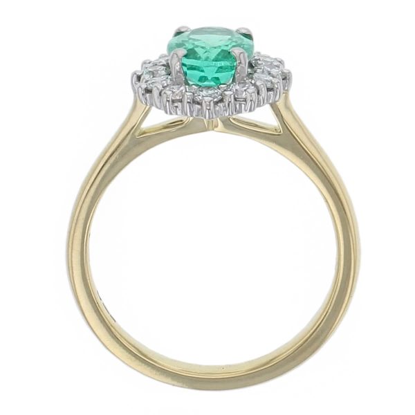 alternative engagement ring, 18ct yellow gold & platinum ladies oval cut green emerald & diamond designer cluster engagement ring designed & hand crafted by Faller of Derry/ Londonderry, halo dress ring, precious gem jewellery, jewelry