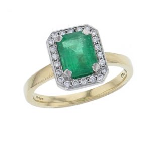 alternative engagement ring, 18ct yellow gold ladies octagon cut emerald & diamond designer cluster/halo engagement ring designed & hand crafted by Faller of Derry/ Londonderry, cluster/halo dress ring, precious green gem jewellery
