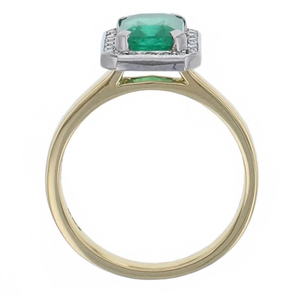 alternative engagement ring, 18ct yellow gold ladies octagon cut emerald & diamond designer cluster/halo engagement ring designed & hand crafted by Faller of Derry/ Londonderry, cluster/halo dress ring, precious green gem jewellery