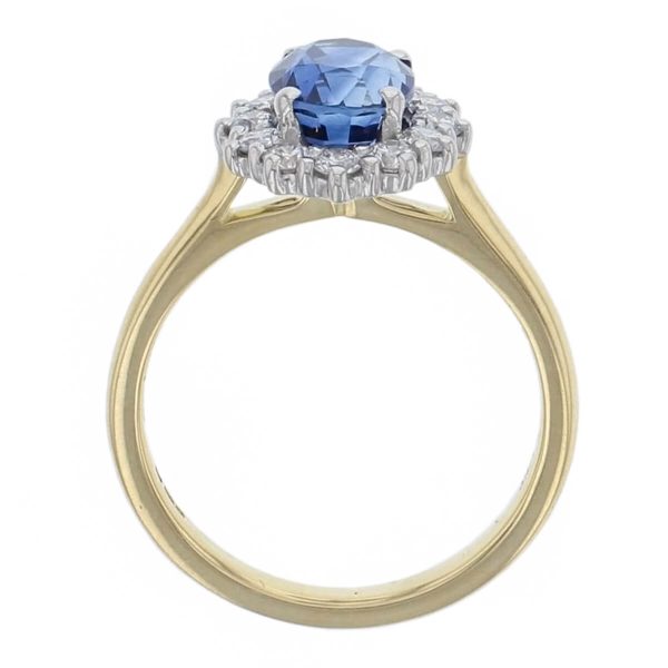 alternative engagement ring, 18ct yellow gold & platinum ladies oval cut royal blue sapphire & diamond designer cluster engagement ring designed & hand crafted by Faller of Derry/ Londonderry, halo dress ring, precious gem jewellery, jewelry
