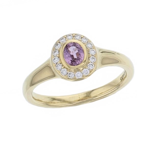 18ct yellow gold ladies oval cut pink sapphire & diamond designer cluster ring designed & hand crafted by Faller of Derry/ Londonderry, halo dress ring, precious gem jewellery, jewelry