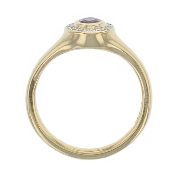 18ct yellow gold ladies oval cut pink sapphire & diamond designer cluster ring designed & hand crafted by Faller of Derry/ Londonderry, halo dress ring, precious gem jewellery, jewelry