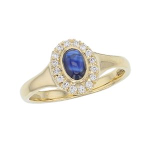 18ct yellow gold ladies oval cut blue sapphire & diamond designer cluster ring designed & hand crafted by Faller of Derry/ Londonderry, halo dress ring, precious gem jewellery, jewelry