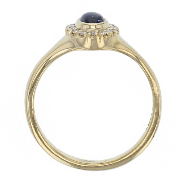 18ct yellow gold ladies oval cut blue sapphire & diamond designer cluster ring designed & hand crafted by Faller of Derry/ Londonderry, halo dress ring, precious gem jewellery, jewelry