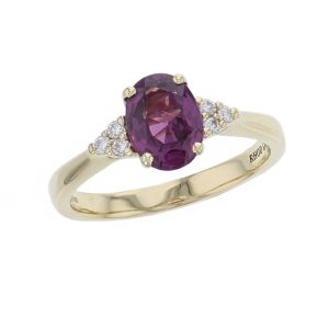 alternative engagement ring, 18ct yellow gold ladies oval cut pink purple rhodalite garnet & diamond designer shoulder set engagement ring designed & hand crafted by Faller of Derry/ Londonderry, dress ring, precious jewellery, jewelry, gem