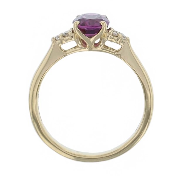 alternative engagement ring, 18ct yellow gold ladies oval cut pink purple rhodalite garnet & diamond designer shoulder set engagement ring designed & hand crafted by Faller of Derry/ Londonderry, dress ring, precious jewellery, jewelry, gem