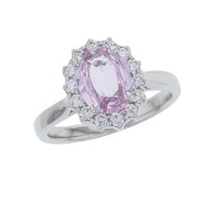 platinum ladies oval cut pink sapphire & diamond designer cluster engagement ring designed & hand crafted by Faller of Derry/ Londonderry, halo dress ring, precious gem jewellery, jewelry