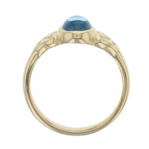 18ct yellow gold blue oval cabochon cut topaz gemstone dress ring, designer jewellery, gem, jewelry, handmade by Faller, Londonderry, Northern Ireland, Irish hand crafted
