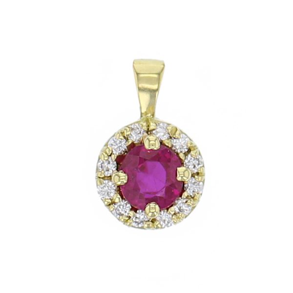 Faller round cut ruby gemstone & diamond halo 18ct yellow gold ladies pendant with chain, 18kt, designer, handmade by Faller, Derry/ Londonderry, hand crafted, precious jewellery, jewelry