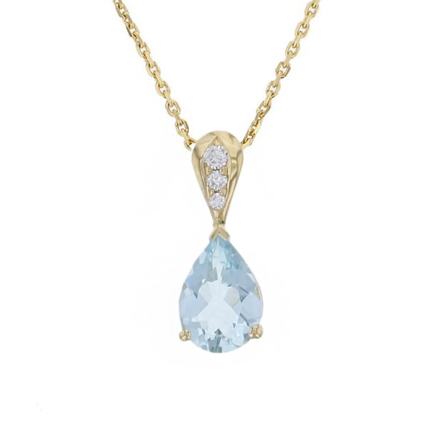 18ct yellow gold ladies pear cut aquamarine & diamond designer pendant designed & hand crafted by Faller of Derry/ Londonderry, precious blue gem jewellery, jewelry,