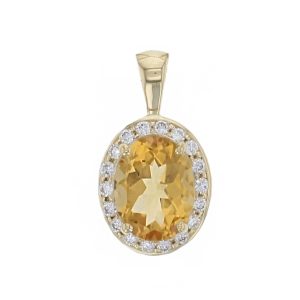 18ct yellow gold ladies oval cut citrine & diamond designer cluster pendant designed & hand crafted by Faller of Derry/ Londonderry, halo pendant, precious yellow orange gem jewellery, jewelry,