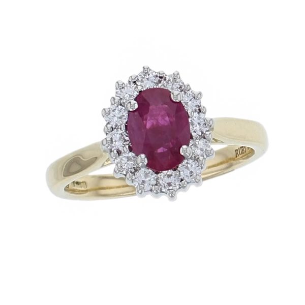 platinum & 18ct yellow gold ladies oval cut ruby & diamond designer cluster engagement ring designed & hand crafted by Faller of Derry/ Londonderry, halo dress ring, precious gem jewellery, jewelry