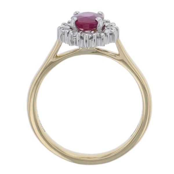 platinum & 18ct yellow gold ladies oval cut ruby & diamond designer cluster engagement ring designed & hand crafted by Faller of Derry/ Londonderry, halo dress ring, precious gem jewellery, jewelry