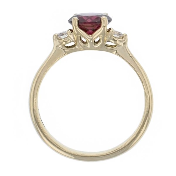 alternative engagement ring, 18ct yellow gold ladies brilliant cut red purple rhodalite garnet & diamond designer trilogy engagement ring designed & hand crafted by Faller of Derry/ Londonderry, dress ring, precious jewellery, jewelry, gem
