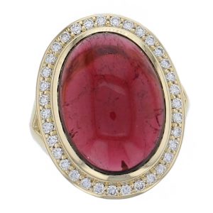 18ct yellow gold oval cabochon pink tourmaline cluster/halo ring