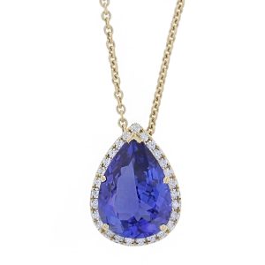 18ct yellow gold ladies pear cut tanzanite & diamond designer cluster pendant designed & hand crafted by Faller of Derry/ Londonderry, halo pendant, precious blue gem jewellery, jewelry,