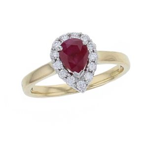platinum & 18ct yellow gold ladies pear cut ruby & diamond designer cluster engagement ring designed & hand crafted by Faller of Derry/ Londonderry, halo dress ring, precious gem jewellery, jewelry