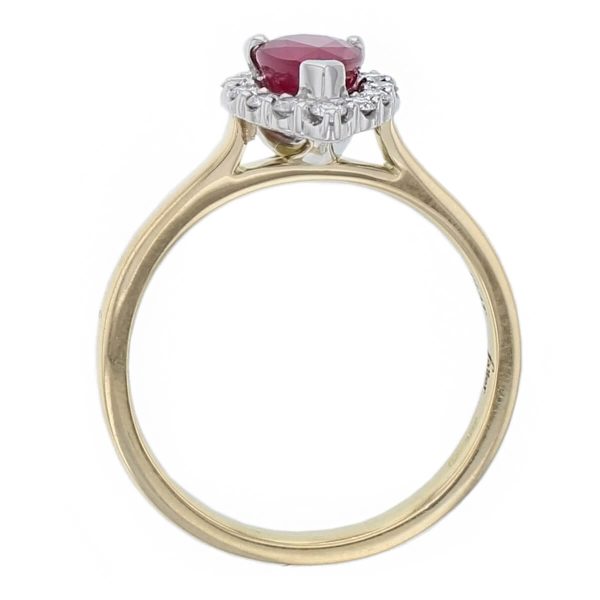platinum & 18ct yellow gold ladies pear cut ruby & diamond designer cluster engagement ring designed & hand crafted by Faller of Derry/ Londonderry, halo dress ring, precious gem jewellery, jewelry