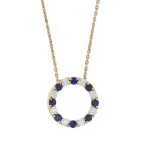 Faller Eternal Circle, round brilliant cut diamond sapphire halo 18ct yellow gold ladies pendant with chain symbol of everlasting love, eternal circle of life, wedding anniversary, celebrate birth, 18kt, designer, handmade by Faller, Derry/ Londonderry, hand crafted, precious jewellery, jewelry, blue
