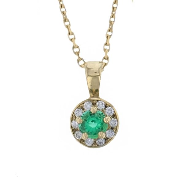 18ct yellow gold ladies brilliant cut emerald & diamond designer cluster pendant designed & hand crafted by Faller of Derry/ Londonderry, halo pendant, precious green gem jewellery, jewelry,