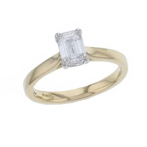 emerald cut diamond solitaire engagement ring, platinum & 18ct yellow gold, 18kt, designer, handmade by Faller, hand crafted, betrothal, promise, precious jewellery, jewelry, hand crafted, GIA certified, , G.I.A. GIA, 4 claw setting