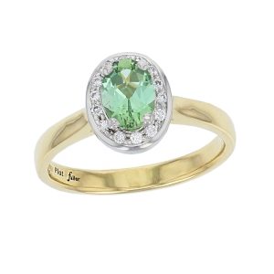 alternative engagement ring, 18ct yellow gold & platinum ladies oval cut green tourmaline & diamond designer cluster engagement ring designed & hand crafted by Faller of Derry/ Londonderry, halo dress ring, precious gem jewellery, jewelry