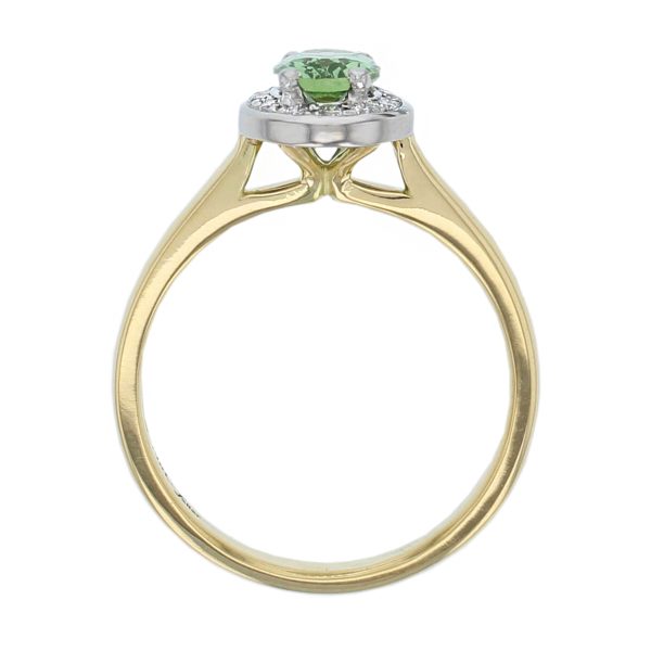 alternative engagement ring, 18ct yellow gold & platinum ladies oval cut green tourmaline & diamond designer cluster engagement ring designed & hand crafted by Faller of Derry/ Londonderry, halo dress ring, precious gem jewellery, jewelry