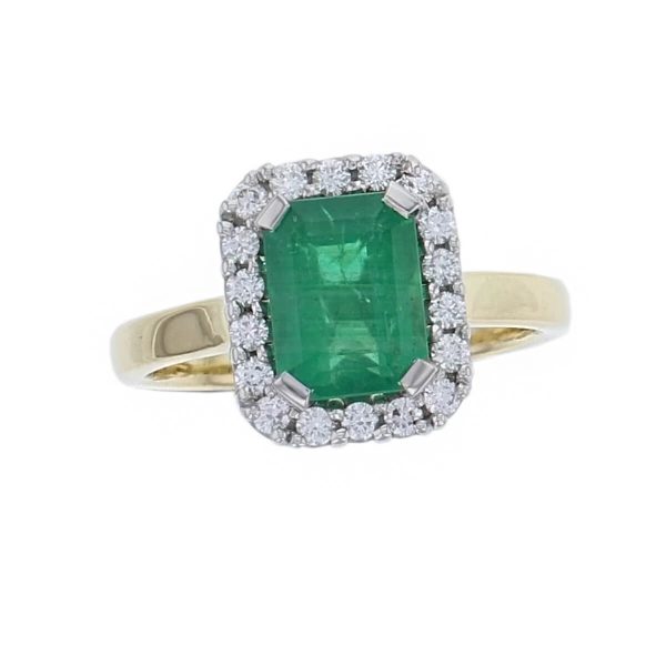 alternative engagement ring, 18ct yellow gold & platinum ladies octagon cut emerald & diamond designer cluster/halo engagement ring designed & hand crafted by Faller of Derry/ Londonderry, cluster/halo dress ring, precious green gem jewellery