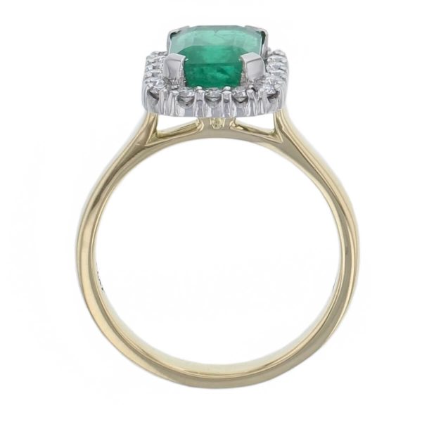 alternative engagement ring, 18ct yellow gold & platinum ladies octagon cut emerald & diamond designer cluster/halo engagement ring designed & hand crafted by Faller of Derry/ Londonderry, cluster/halo dress ring, precious green gem jewellery