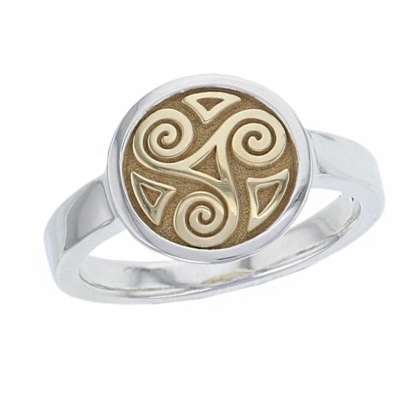 Sterling silver & 18ct yellow gold ring, celtic, ancient, heritage, Christian, Faller, medieval, men’s jewellery, jewelry, triple spiral, dress ring, ladies ring, silver ring