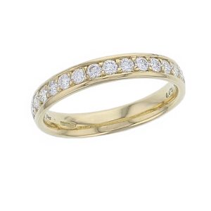 3.5mm wide 18ct yellow gold ladies round brilliant diamond set wedding ring, woman’s bridal, diamond grain set eternity ring, personalised engraving, court profile, comfort fit, precious jewellery by Faller of Derry/ Londonderry, jewelry,