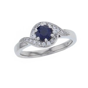 alternative engagemnt ring, platinum ladies round brilliant cut royal blue sapphire & diamond designer cluster engagement ring designed & hand crafted by Faller of Derry/ Londonderry, halo dress ring, precious gem jewellery, jewelry