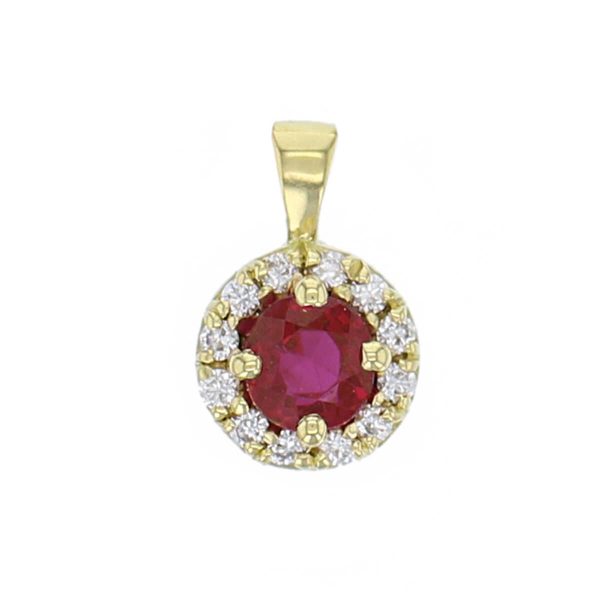 18ct yellow gold ladies brilliant cut ruby & diamond designer cluster pendant designed & hand crafted by Faller of Derry/ Londonderry, halo pendant, precious red gem jewellery, jewelry,
