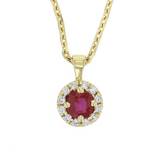18ct yellow gold ladies brilliant cut ruby & diamond designer cluster pendant designed & hand crafted by Faller of Derry/ Londonderry, halo pendant, precious red gem jewellery, jewelry,