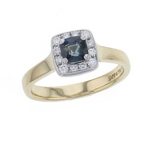 alternative engagemnt ring, 18ct yellow gold & platinum ladies cushion cut teal blue sapphire & diamond designer cluster engagement ring designed & hand crafted by Faller of Derry/ Londonderry, halo dress ring, precious gem jewellery, jewelry